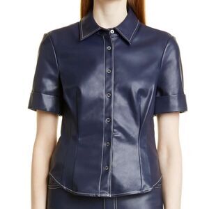 Staud Joan Faux Leather Short Sleeve Button Up Navy Shirt